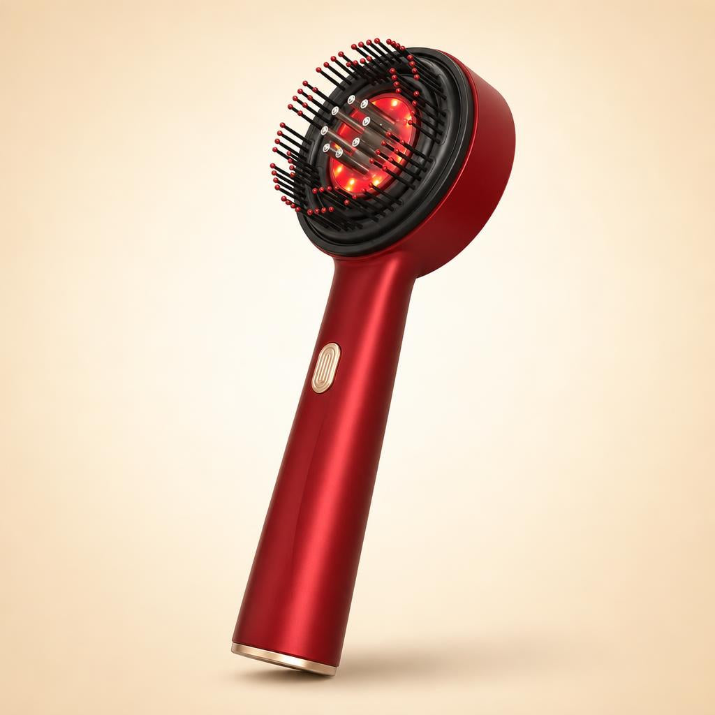 Cepillo masajeador capilar LED Cindalo, vista frontal con luz roja